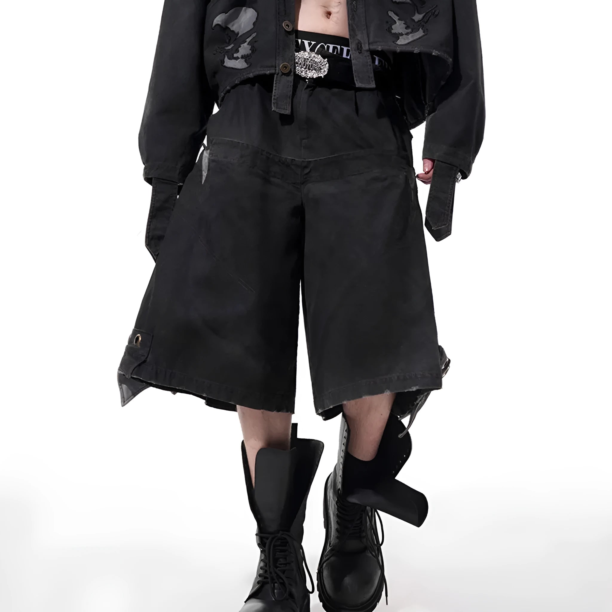 Men's black loose cropped pants with double waist design and washed stitching details