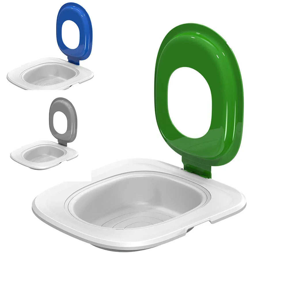 Fifth generation cat toilet trainer in grey, green, or blue with raised edges and low-profile entry