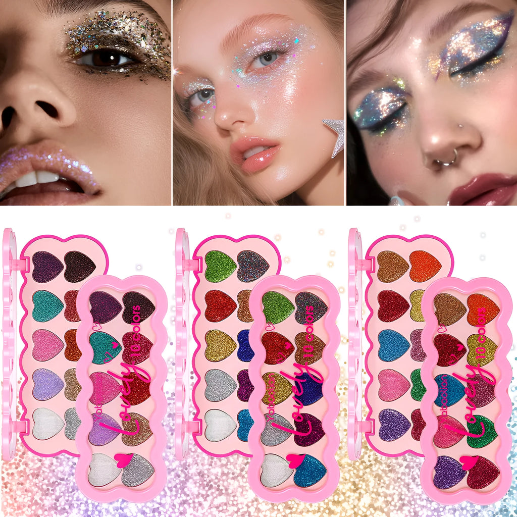 Pearlescent heart-shaped eye shadow palette with ten colours including sequins for punk and festival make-up.