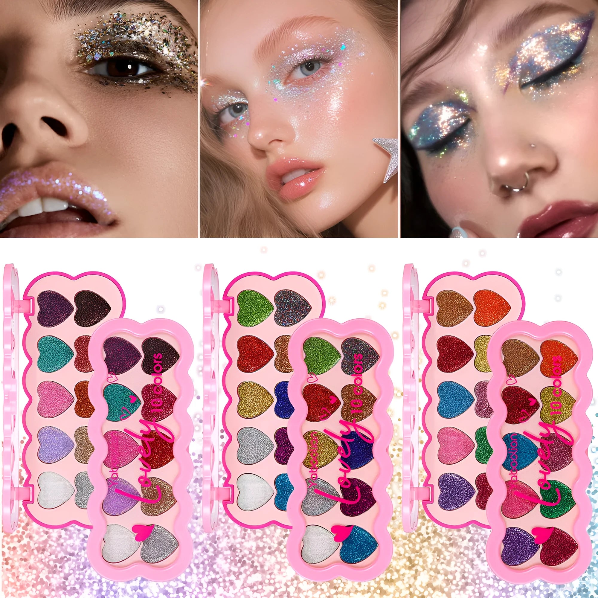 Pearlescent heart-shaped eye shadow palette with ten colours including sequins for punk and festival make-up.