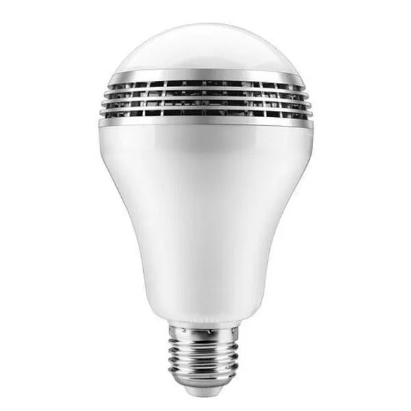 Creative Home LED Smart Bluetooth Speaker E27 Bulb showing 100mm diameter, RGB+W colours, and E27 fitting
