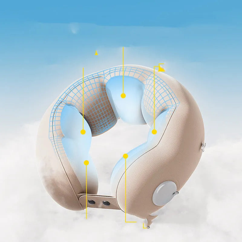 Inflatable U-shaped travel pillow in cloud bubble colour with a storage pocket