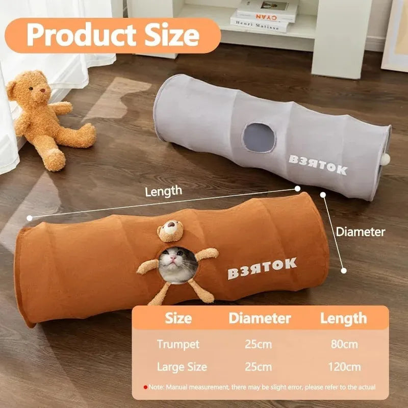 Collapsible brown cat tunnel with plush ball attached on top for indoor play