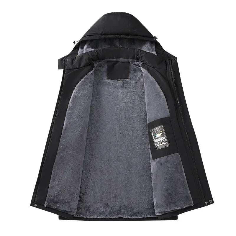 Men's plus size hooded waterproof coat in army green showing loose fit and hood design