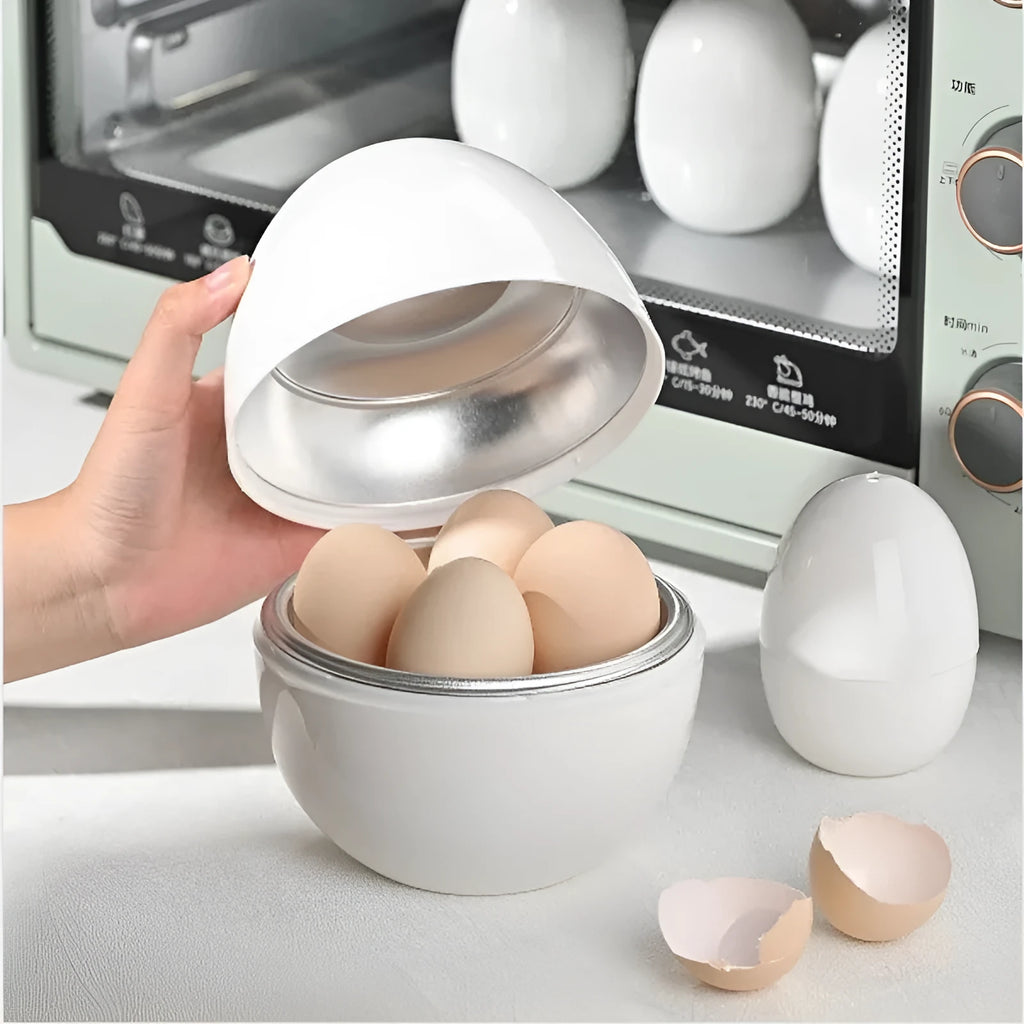 White microwave egg cooker steamer with capacity for four eggs, showing vent hole and knob.