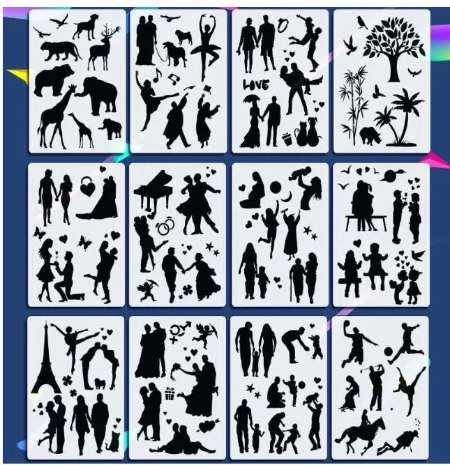 White plastic drawing stencil set with 12 reusable templates for sketching and tracing projects