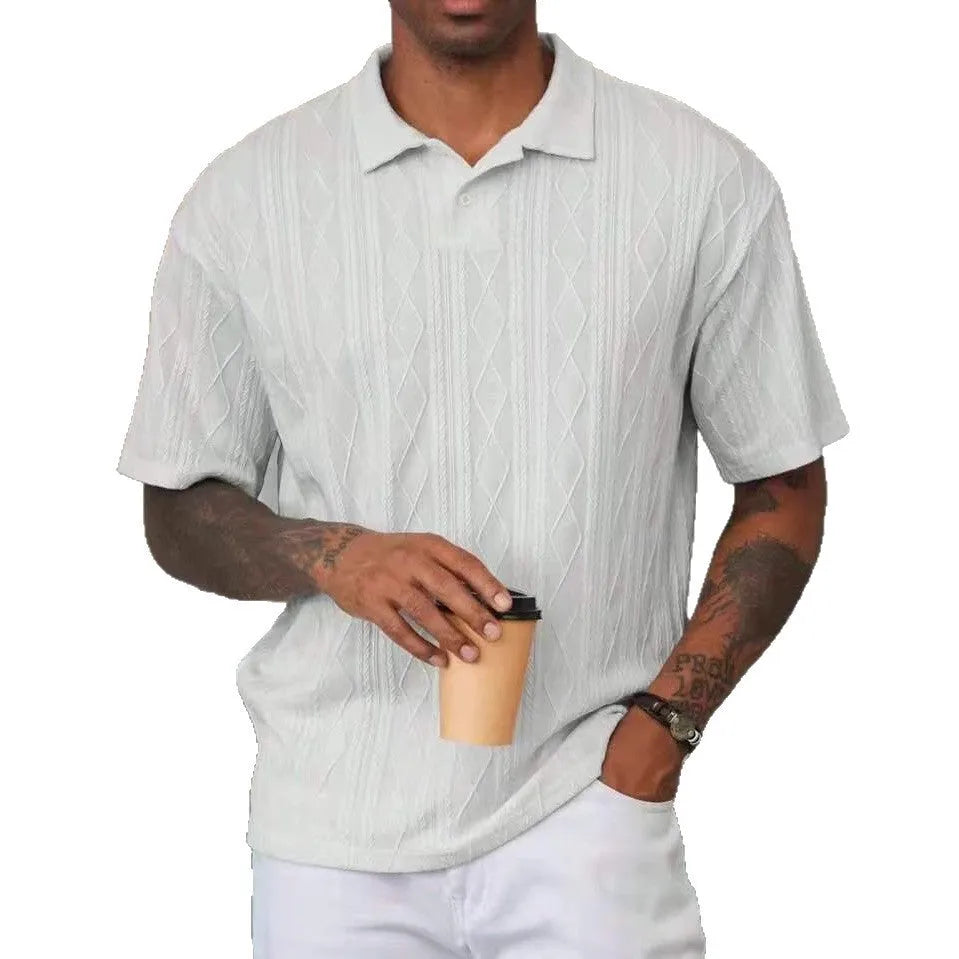 Retro button lapel short sleeve cotton blend T-shirt in solid colour with slit detail