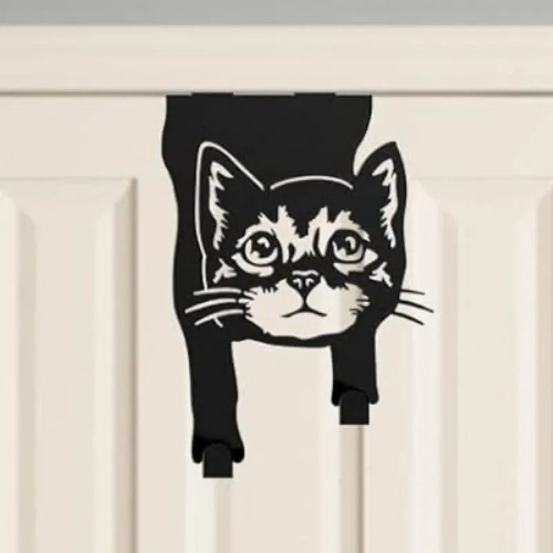 Black iron cat-shaped wall hook with punch-free mounting for doors and walls