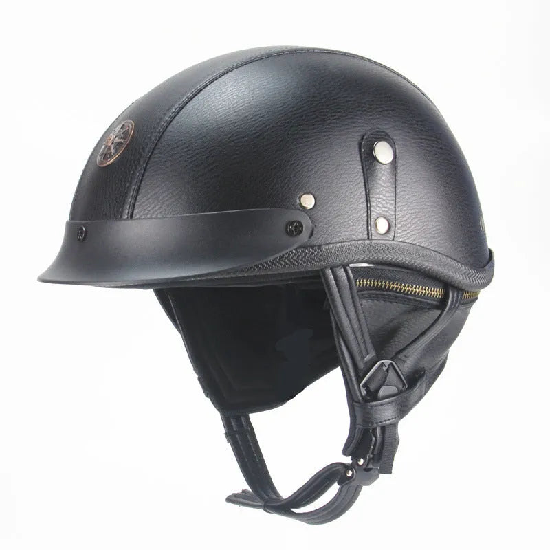 Retro half-pedal motorcycle helmet in ABS artificial leather, black and dark brown colour options