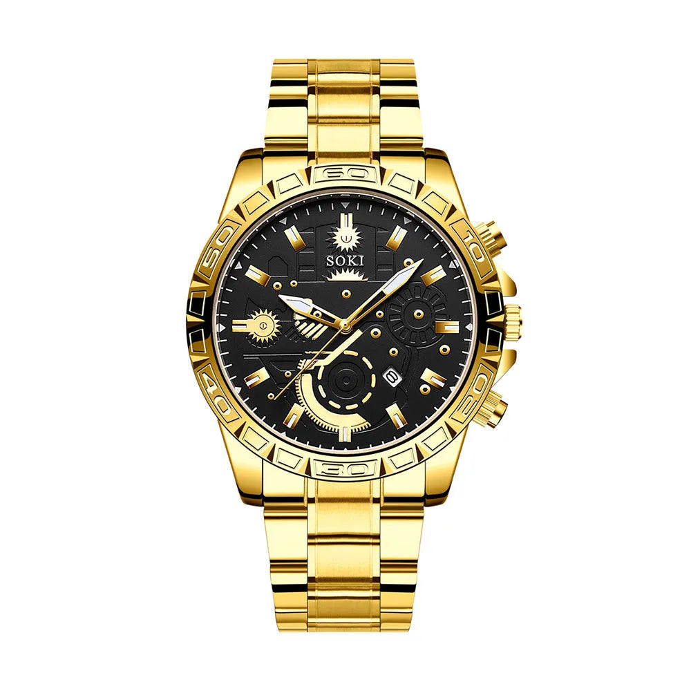 Men's gold stainless steel business watch with calendar display and 10mm thickness