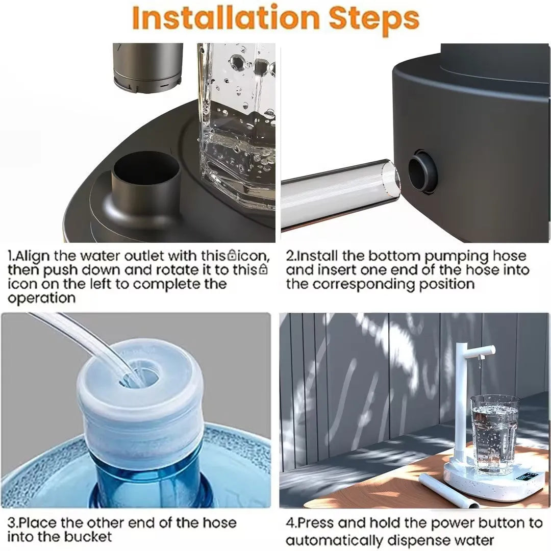 White and blue desktop water dispenser with extension tube on counter next to water bottle