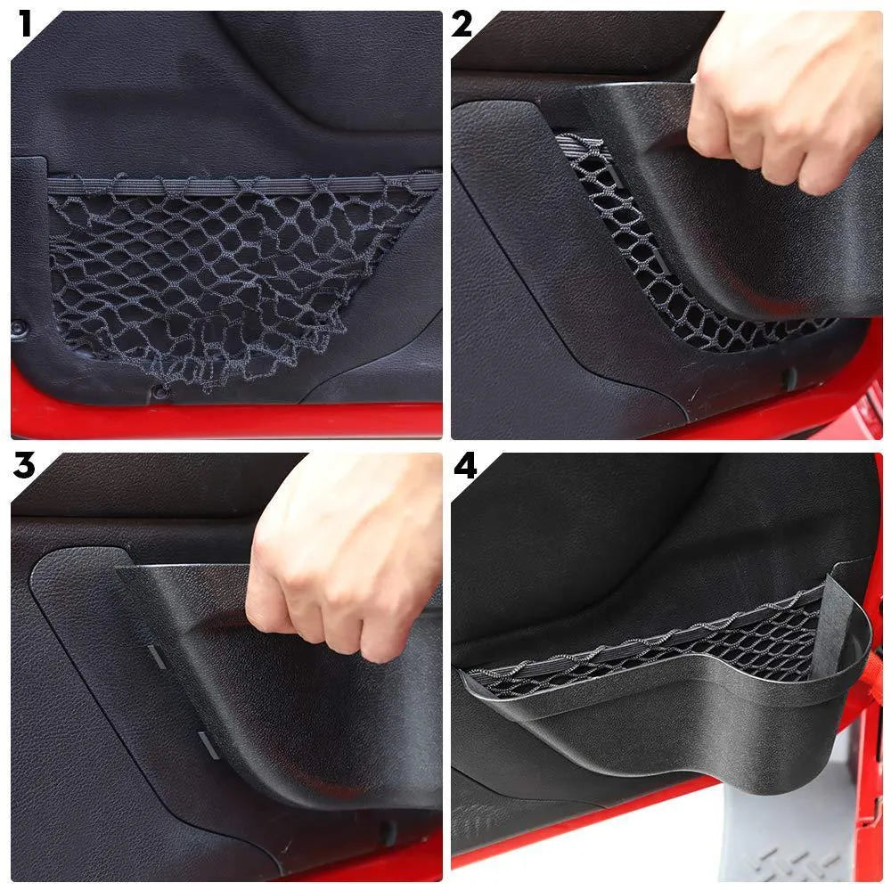 A pair of black aluminium alloy car interior storage boxes with net pockets for organising small items.