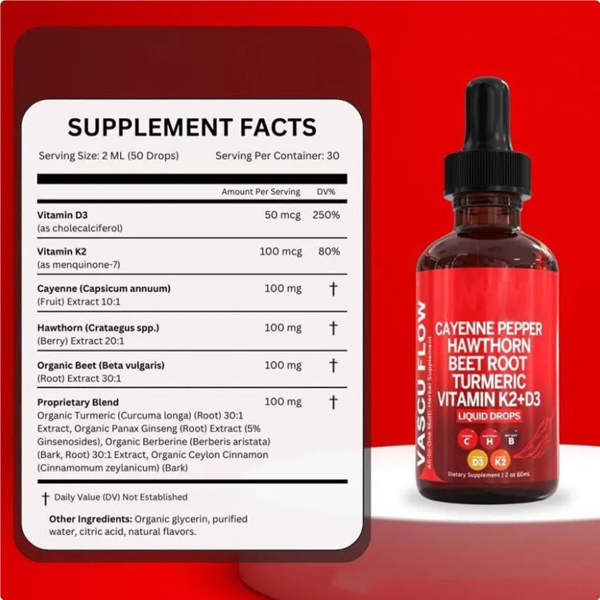 A 60ml glass bottle of Vitamin D3 K2 hawthorn fruit liquid supplement drops with a built-in dropper.