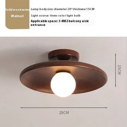 Aisle Ceiling Lamp in solid wood with glass shade, available in wood or walnut colour, diameters 18cm, 28cm, 35cm.
