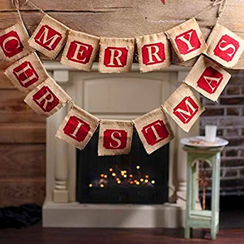 Brown and red burlap Christmas banner with 14 flags measuring 12x13cm each on string