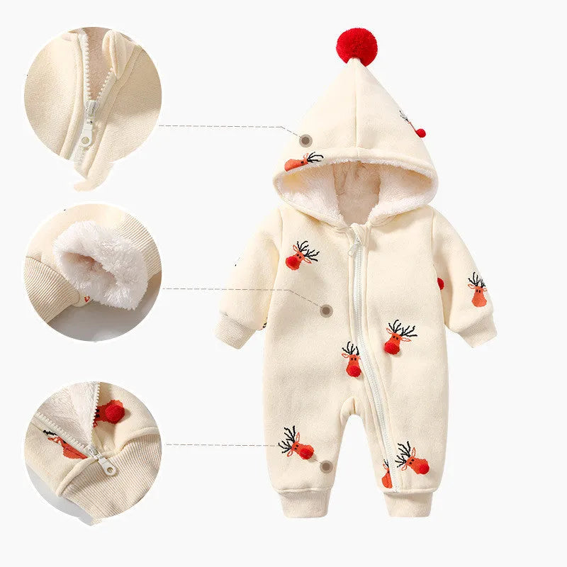 Khaki coloured padded one-piece baby outfit with a Christmas moose design, showing front view.