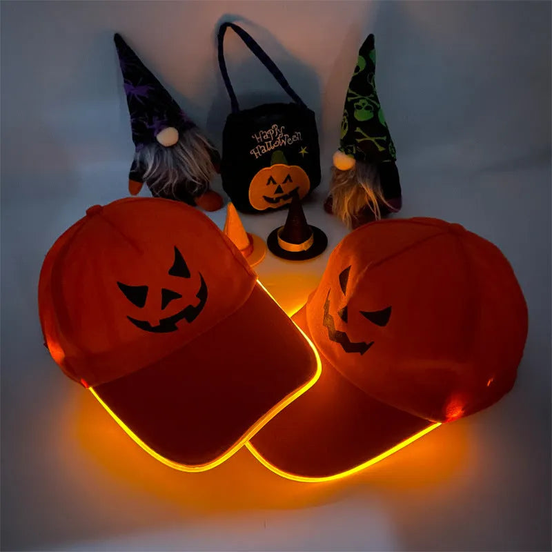 Halloween LED baseball cap with pumpkin smile design and coloured lights