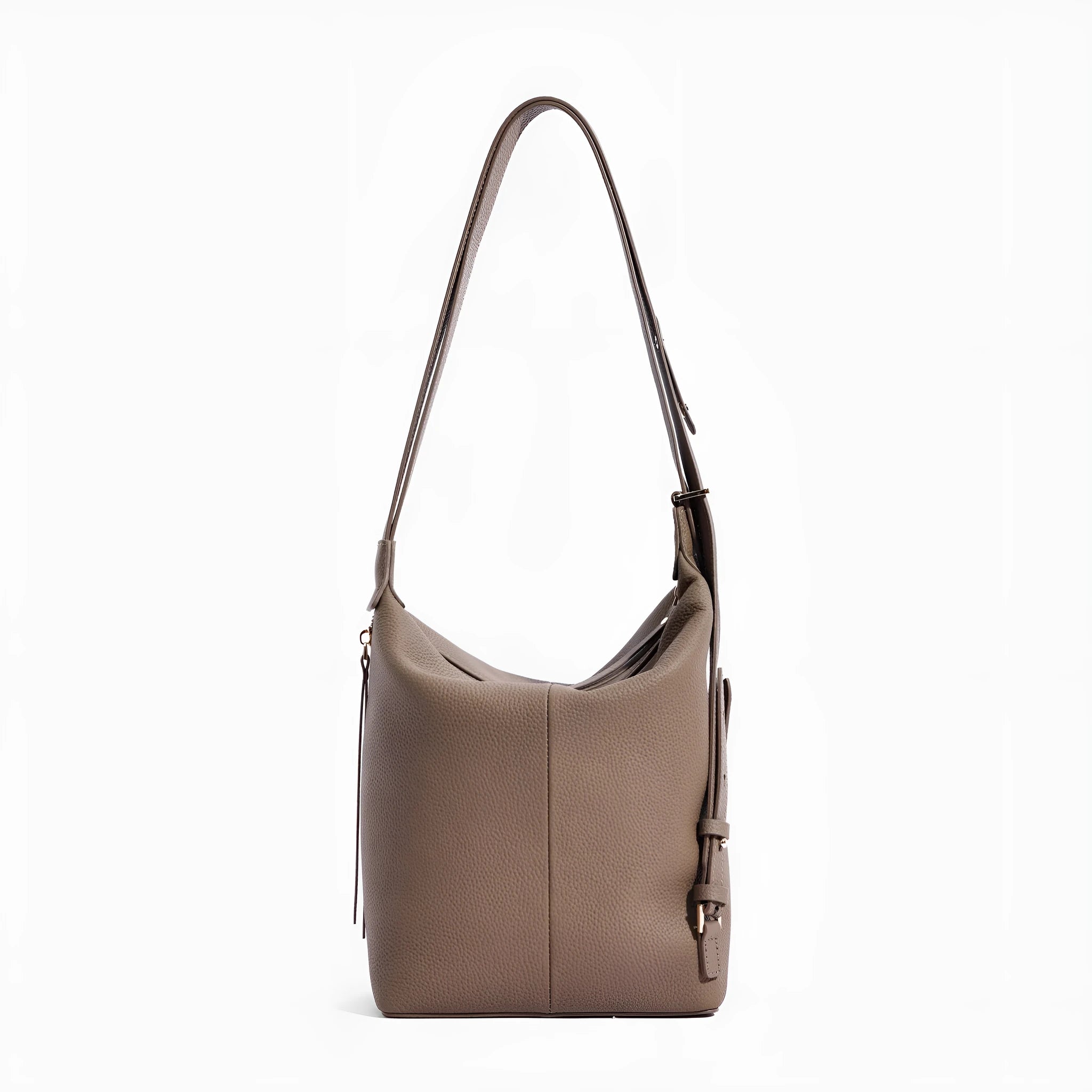 Women's genuine cowhide leather bucket shoulder bag in elephant grey colour showing soft texture and large capacity design