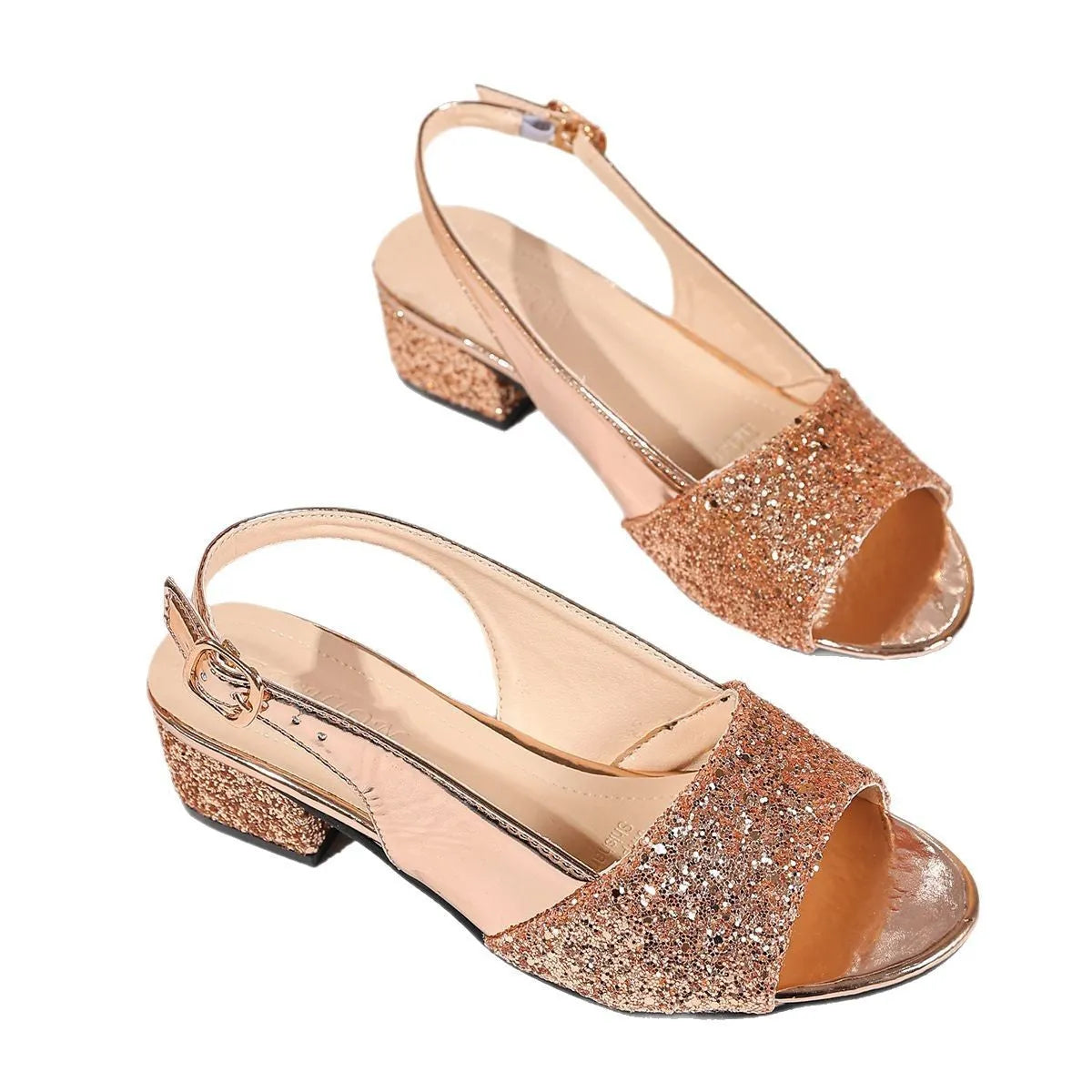 Gold open toe sandals with a fish mouth toe design and an adjustable ankle buckle.