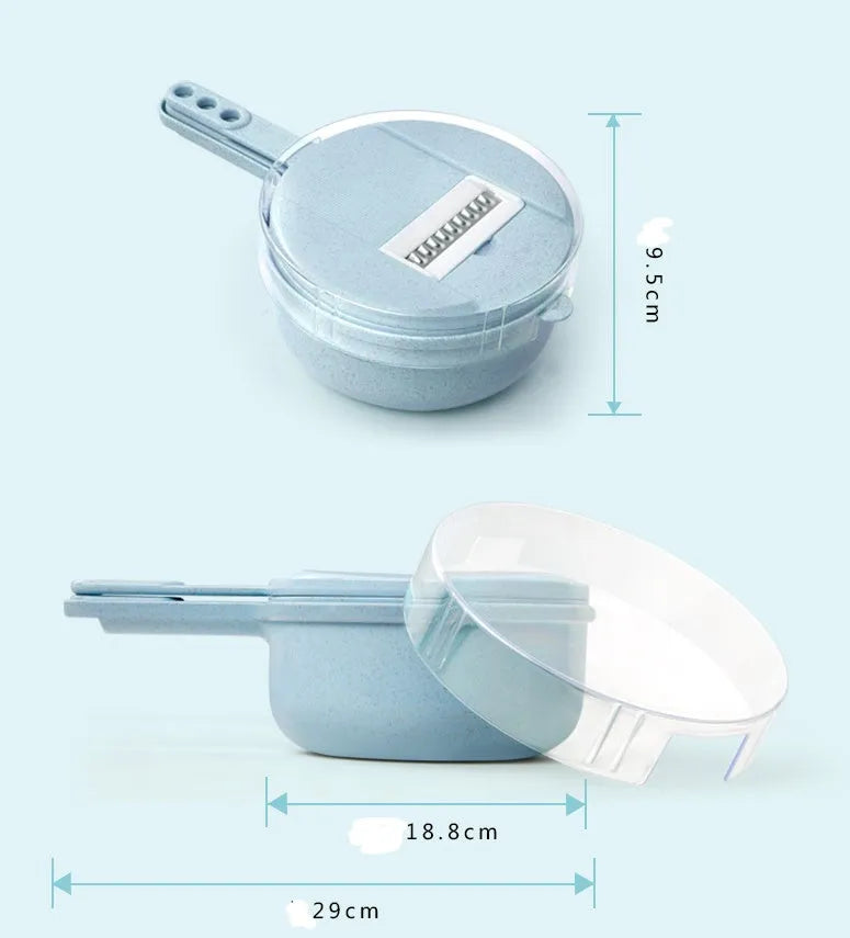 Blue hand-held mandoline slicer with stainless steel blades and plastic container for vegetable preparation
