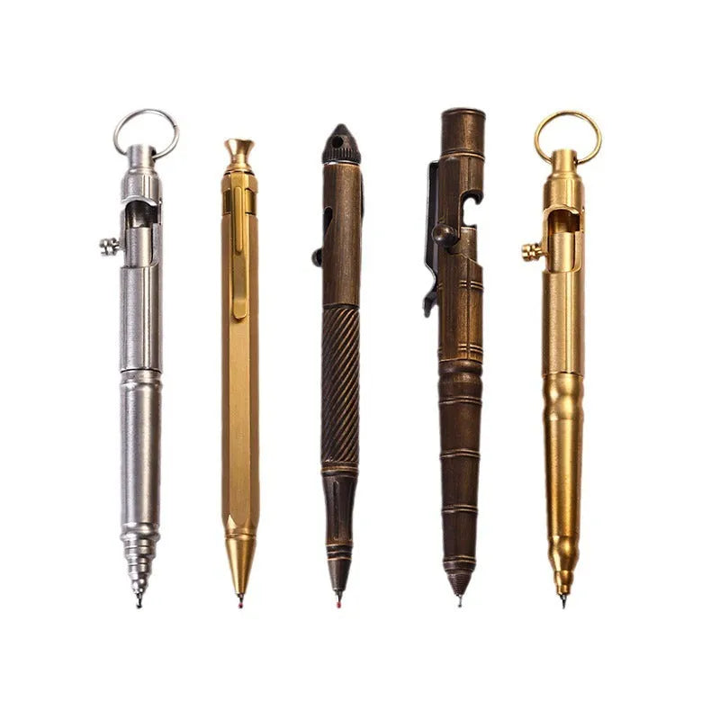 Solid brass bolt-action tactical pen shown in a brass finish with a cylindrical barrel.