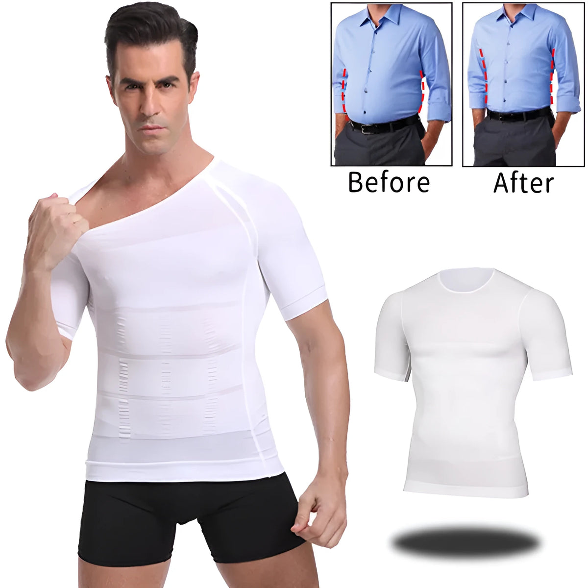 Men's nylon vest shapewear body toning T-shirt in black, blue, or white, sizes M to XXL, 57cm length