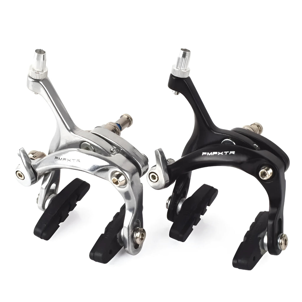 A pair of black and silver U-shaped metal bicycle brake clamps for road bike upgrades.
