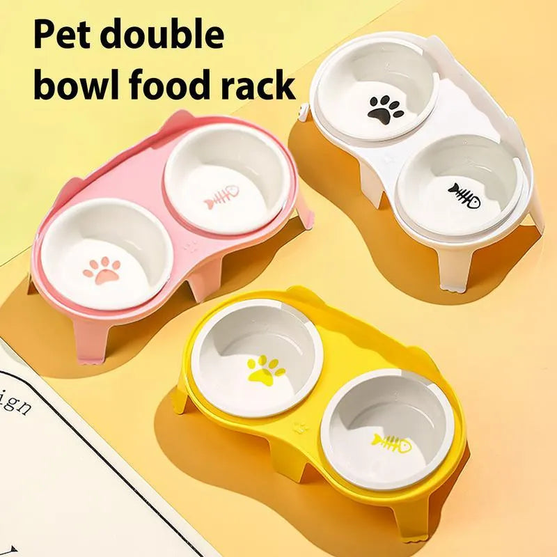 Ceramic cat food and water bowl set on elevated plastic stand with hook