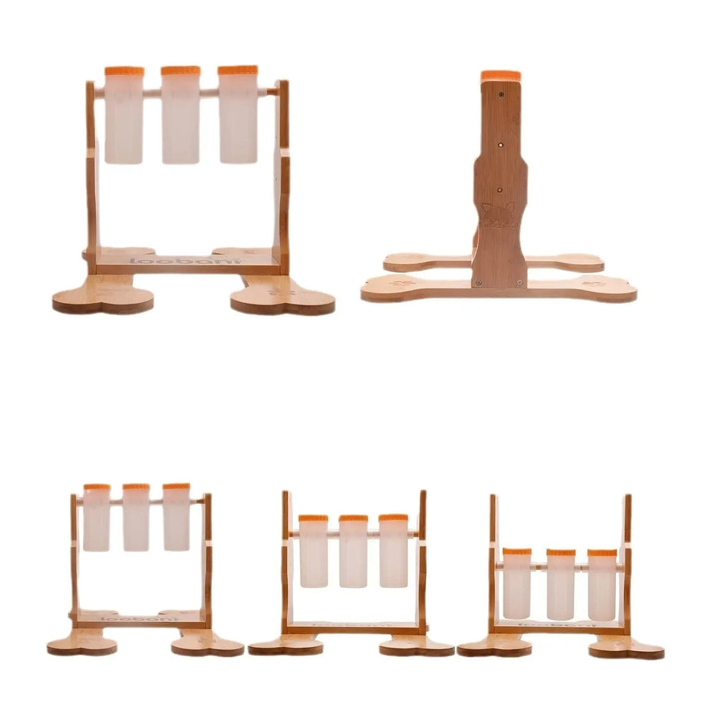 Wooden dog puzzle toy treat dispenser measuring 31x30x20cm with compartments for canine mental stimulation