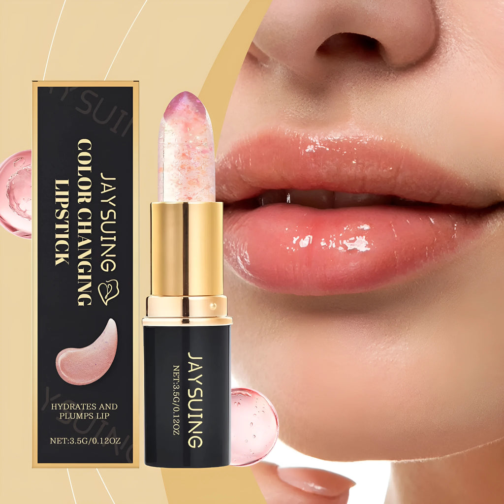 Pale green colour changing lipstick bullet that moisturises and turns pink on the lips.