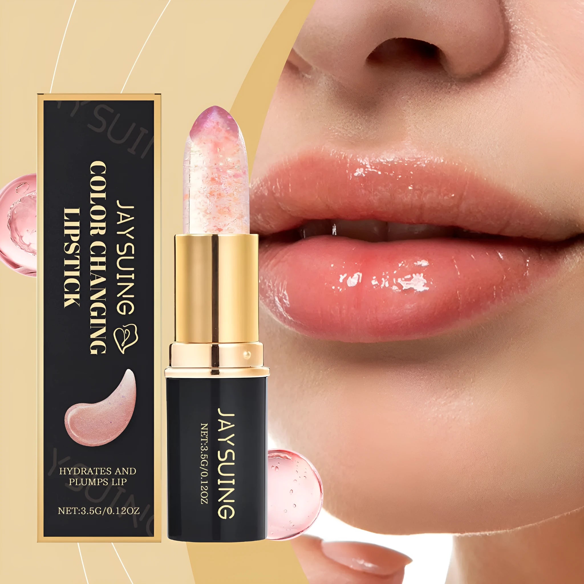 Pale green colour changing lipstick bullet that moisturises and turns pink on the lips.