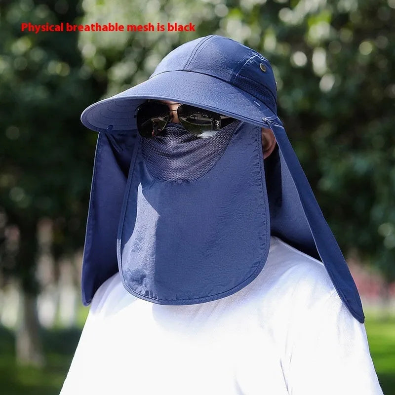 Men's khaki sun protection hat with USB fan and attached neck covering shawl for outdoor use