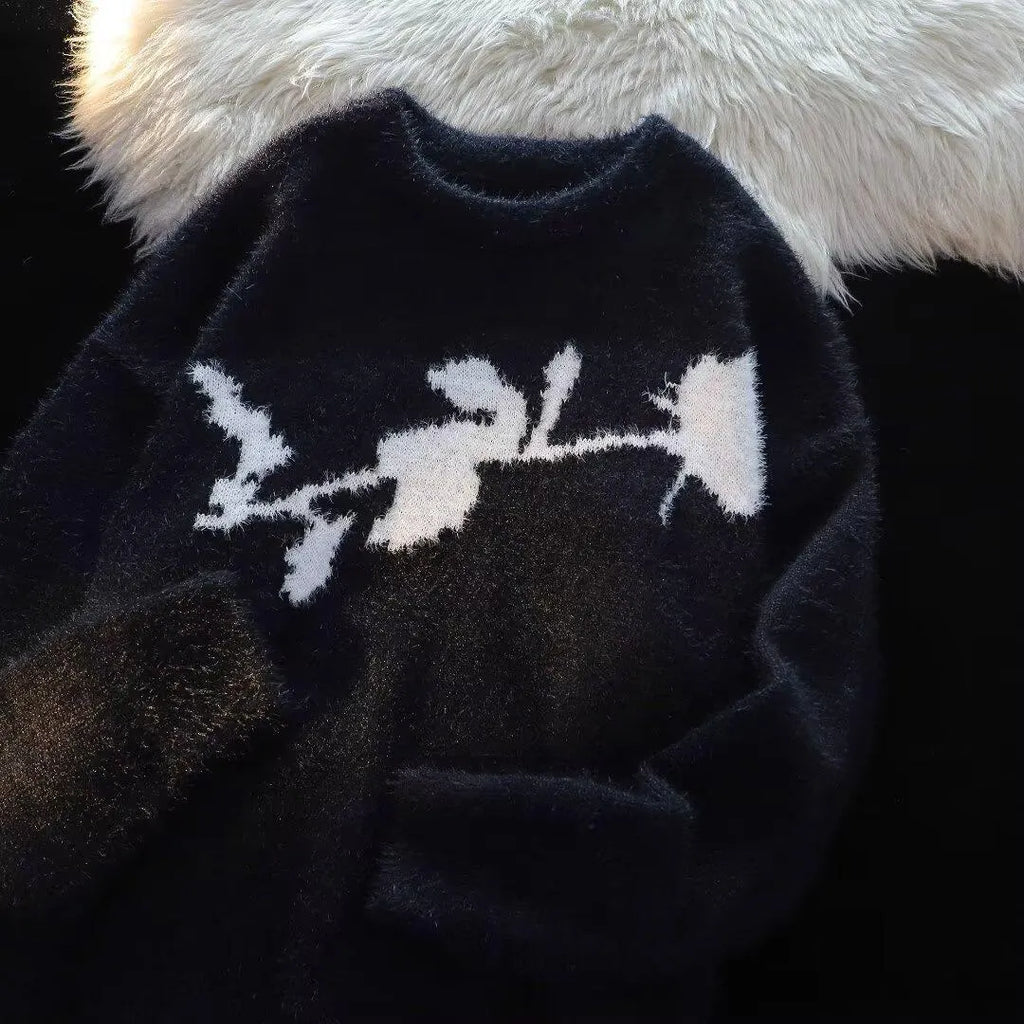 Men's grey pullover sweater with a large American Dark Rose flocking horse graphic print on the front.