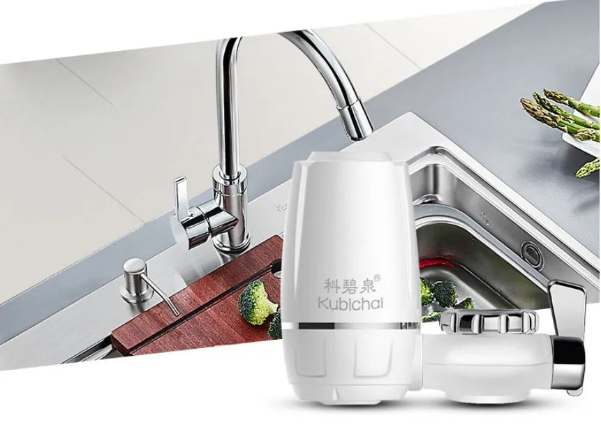 White faucet water purifier with ceramic filter and adapters for kitchen tap installation