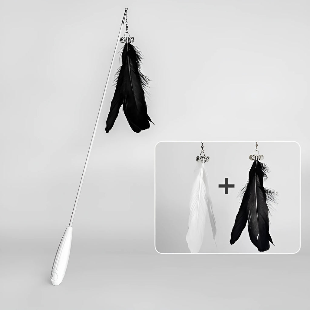 Telescopic cat fishing rod extended, showing goose feather bell toy and removable pen on fibre shaft