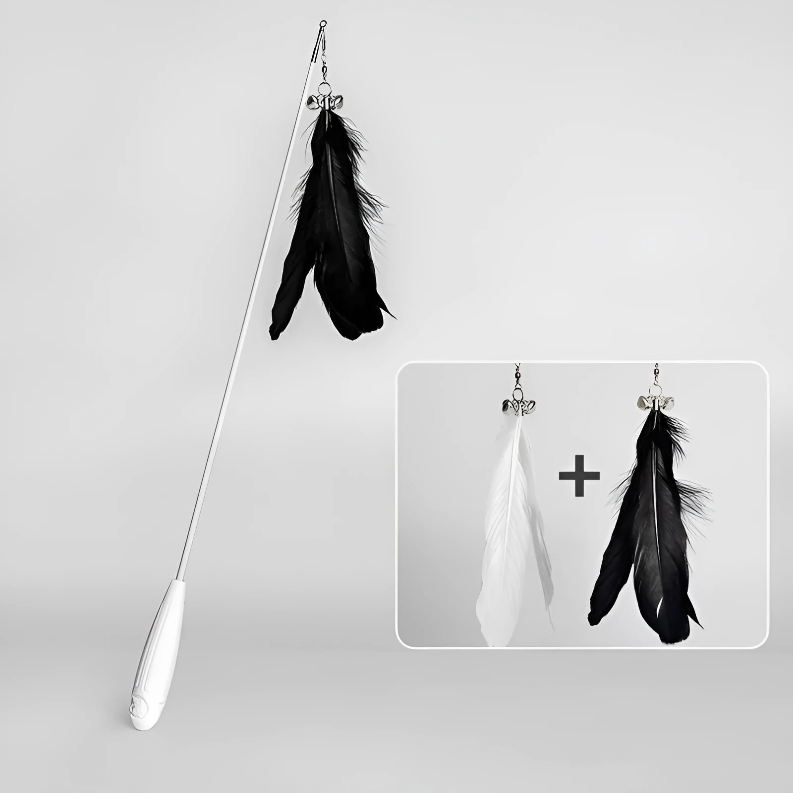 Telescopic cat fishing rod extended, showing goose feather bell toy and removable pen on fibre shaft