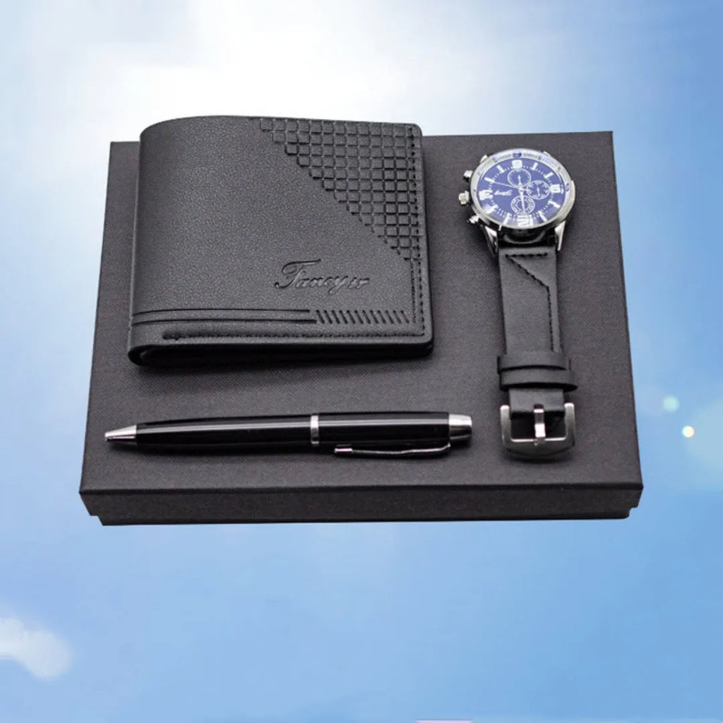 Creative Holiday Gift Wallet Pen Watch Set in brown or black with exquisite gift box, modern simplicity design
