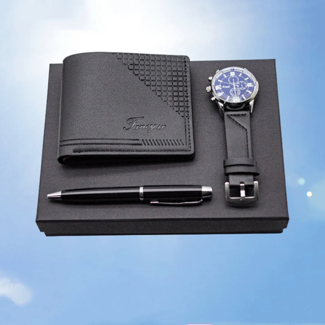 Creative Holiday Gift Wallet Pen Watch Set in brown or black with exquisite gift box, modern simplicity design