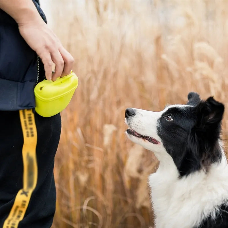 Silicone dog treat bag with magnetic closure measuring 12.5cm long, shown attached to belt with treats visible inside