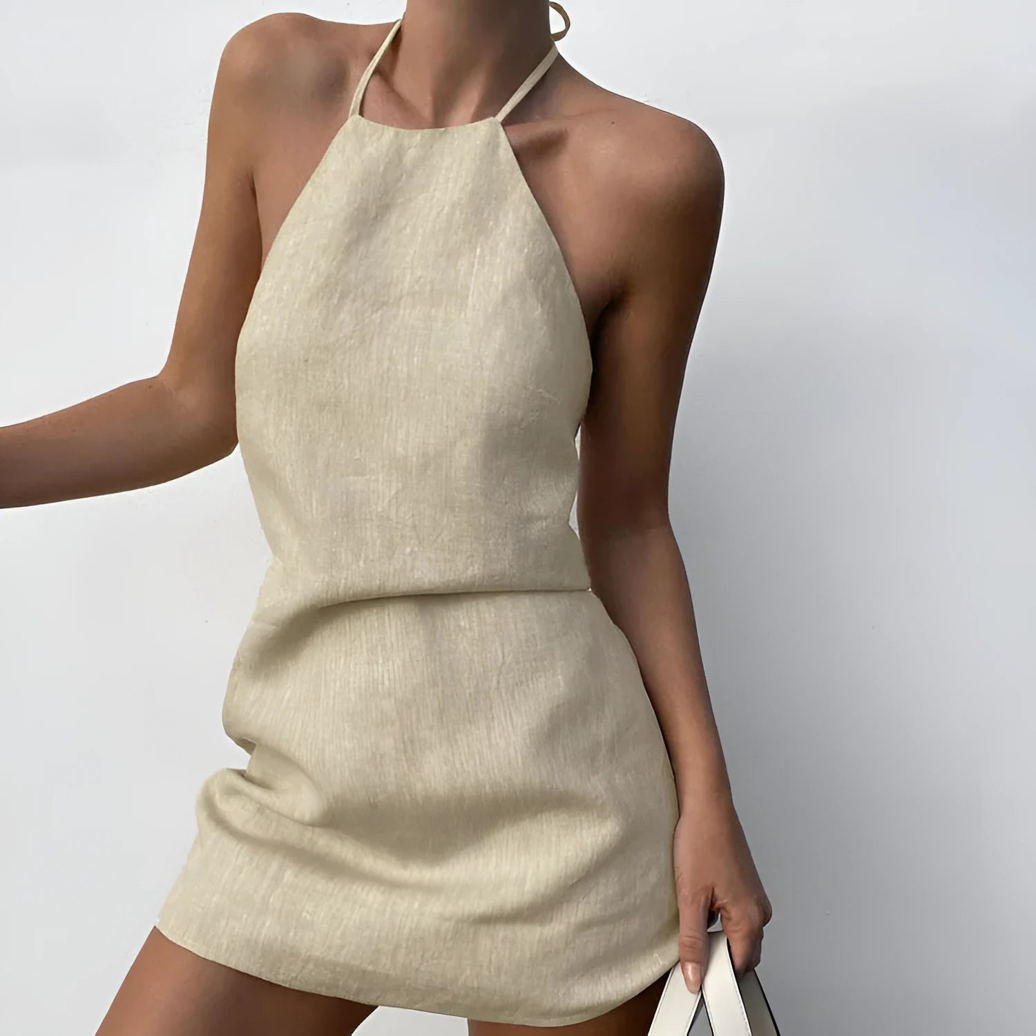 Women's solid colour linen A-line dress for summer in midi length