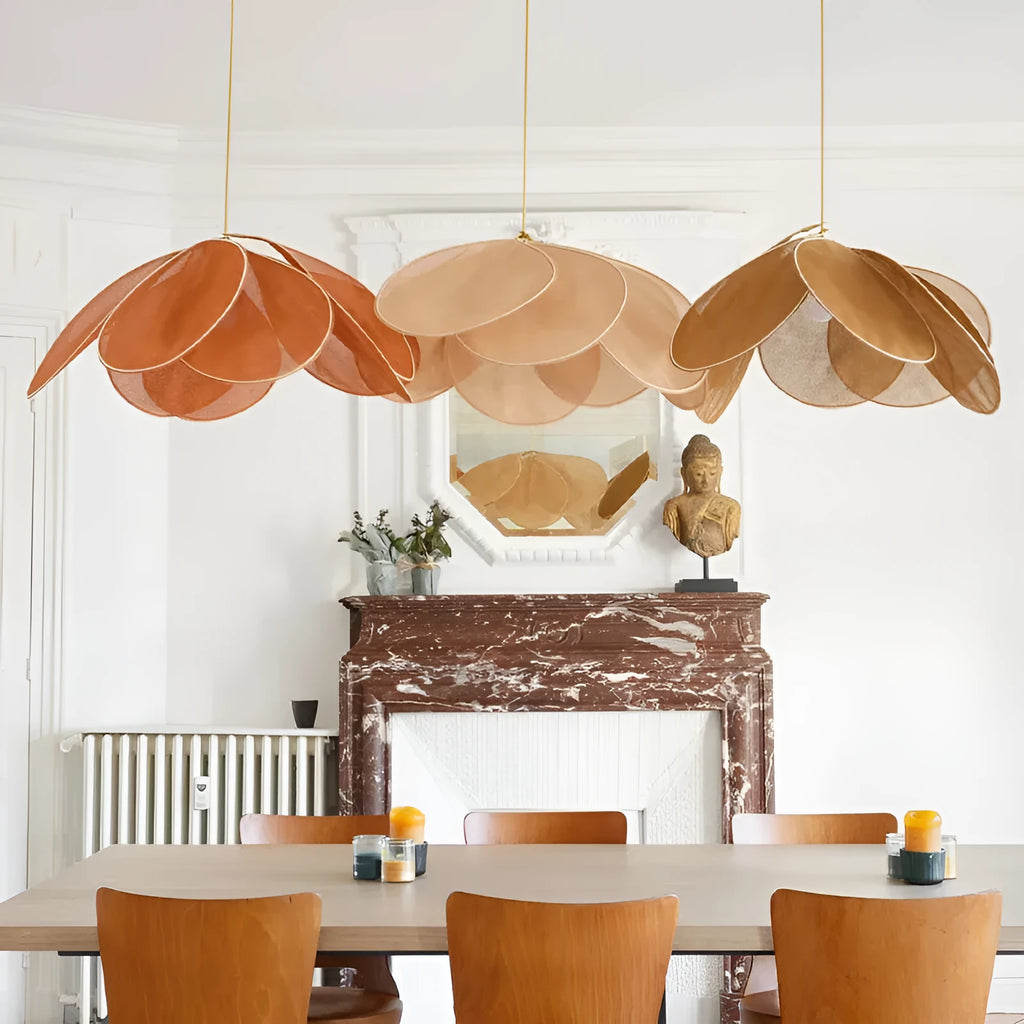 Bohemian style cloth-craft hanging chandelier lamp in various colours and sizes.