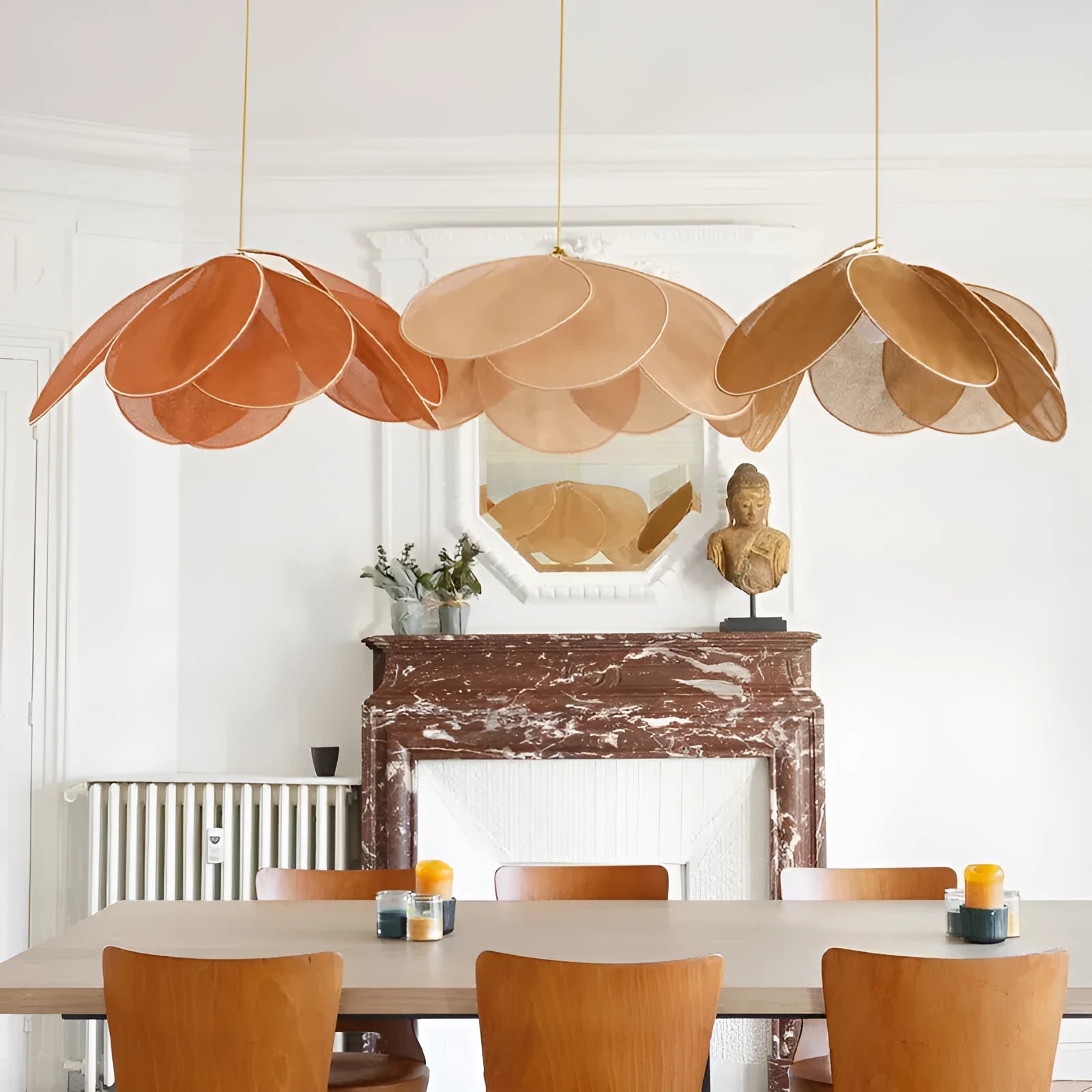 Bohemian style cloth-craft hanging chandelier lamp in various colours and sizes.
