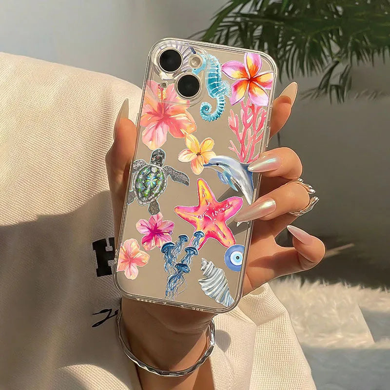 Transparent iPhone case with dolphin turtle design showing anti-fall TPU protection