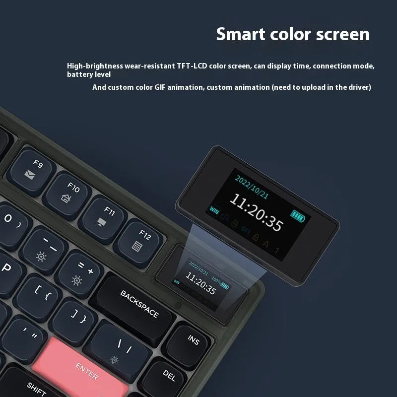Ajazz AK832PRO mechanical keyboard with colour screen, green or tea colour options, and compact 81-key layout