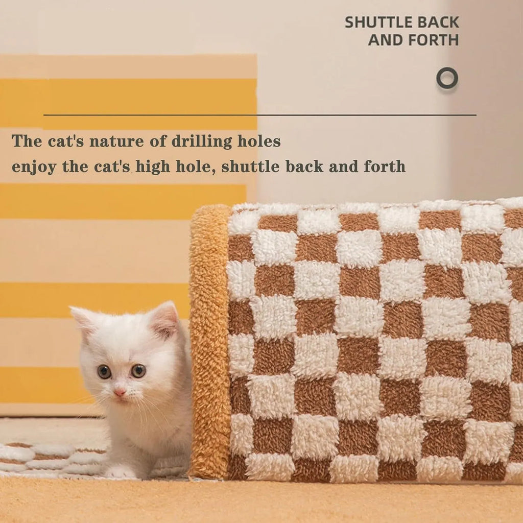 Brown plaid cat tunnel bed with central mat showing non-slip bottom and collapsible tunnel design