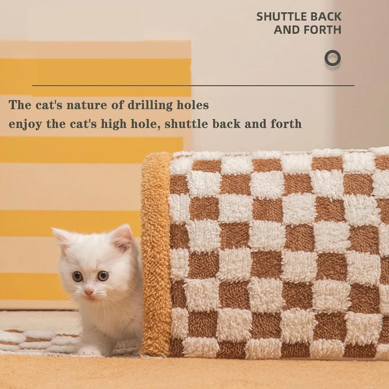 Brown plaid cat tunnel bed with central mat showing non-slip bottom and collapsible tunnel design
