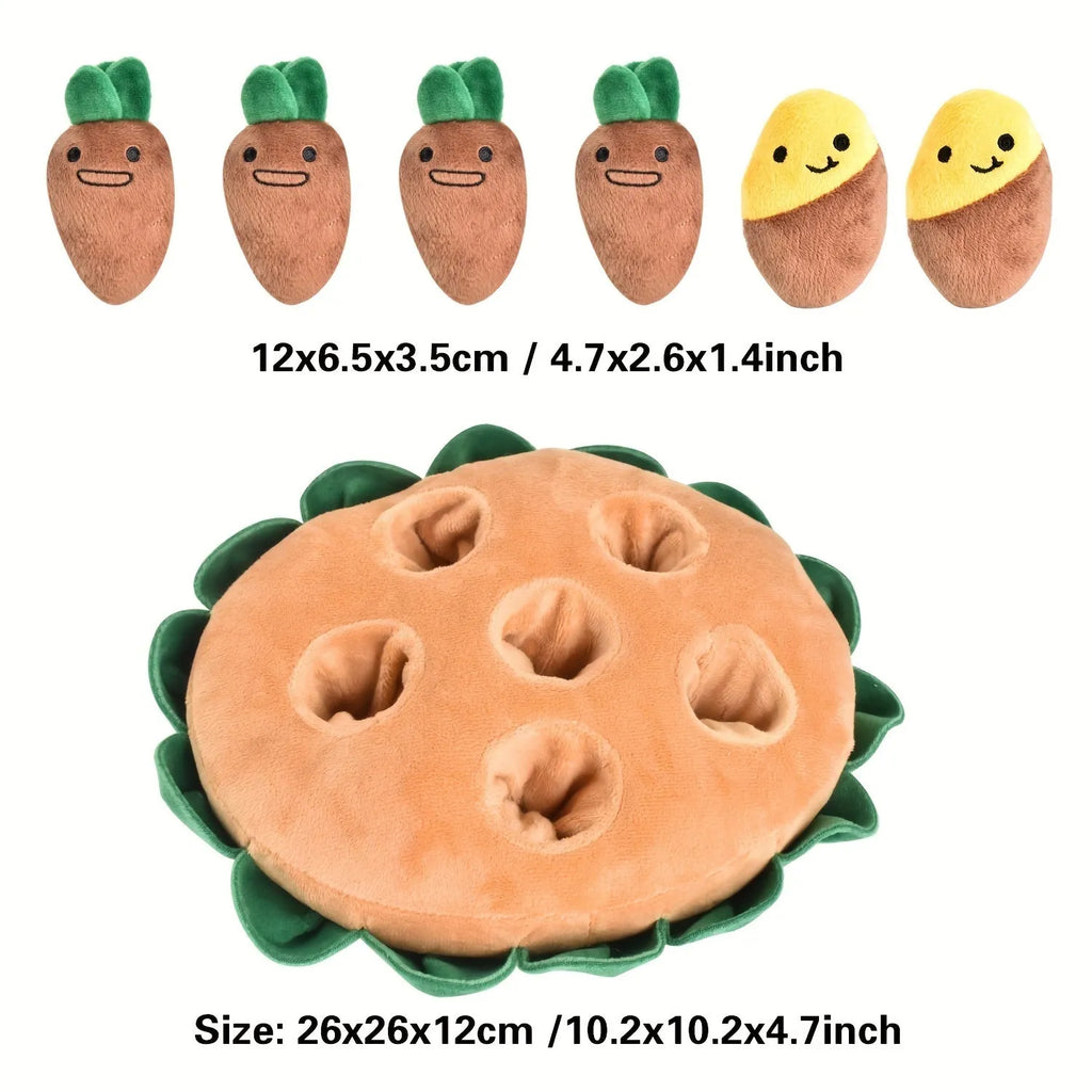 Interactive dog puzzle toy with yellow slow feeder pads and removable squeaky plush toys for canine enrichment