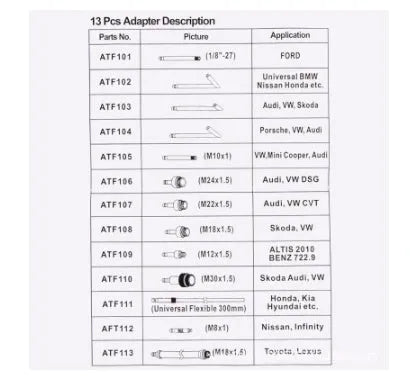 Automatic transmission oil refuelling machine with 13-piece kit and injector tool for vehicle maintenance