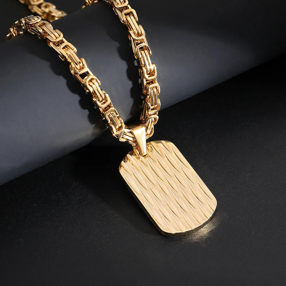 Men's titanium steel water ripple pattern pendant necklace with emperor chain in gold colour