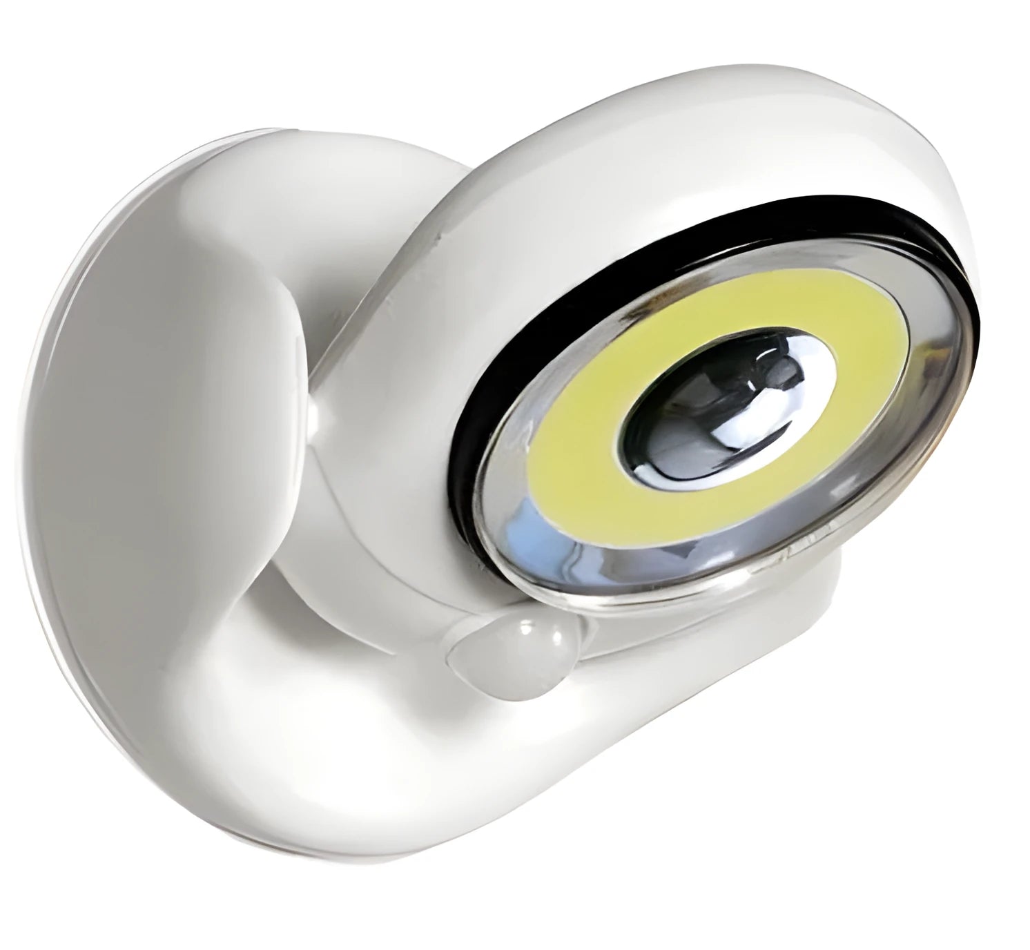 White Atomic Angel induction light with ABS plastic housing, showing dimensions.